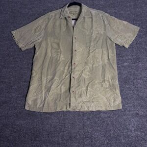 Tommy Bahama Shirt‎ Mens Medium Green Silk Camp Hawaiian Short Sleeve Jacquard